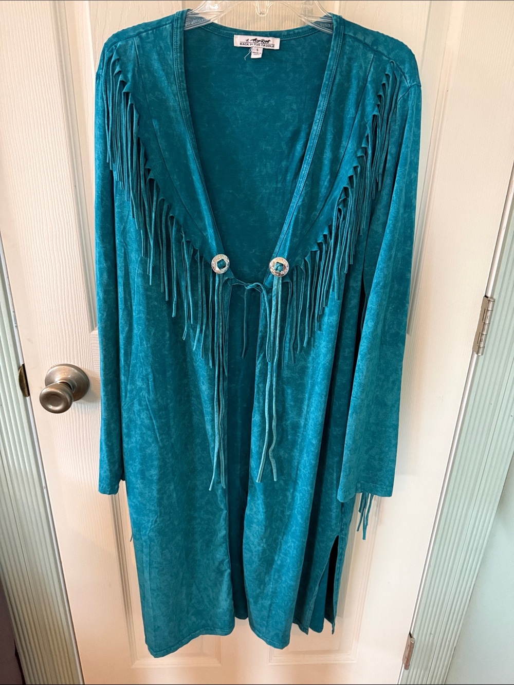 Back in the Saddle Teal Fringe faux Suede Duster Cardigan